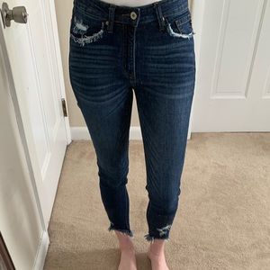 KanCan Distressed Dark Wash Jean, frayed ankle